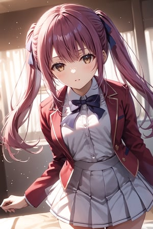 masterpiece, best quality, 8k, 8k UHD, ultra-high resolution, ultra-high definition, highres, cinematic lighting
,//Character, 
1girl, solo, ichika amasawa, 1girl, long hair, sidelocks, bangs, brown eyes, ribbon, hair between eyes, hair ribbon, red ribbon, purple hair, pink hair, twintails
,//Fashion, 
white shirt, red jacket, bowtie, pleated_skirt
,//Background, 
,//Others, ,Expressiveh