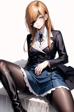 //Quality,
masterpiece, best quality
,//Character,
1girl, solo
,//Fashion, 
,//Background,
white_background
,//Others,
,spread legs
,Ophelia, long hair, blue eyes, skirt, brown hair, shirt, long sleeves, ribbon, jacket, white shirt, pantyhose, boots, collared shirt, blue skirt, black jacket, black pantyhose, black ribbon, neck ribbon, brown footwear, eyepatch, knee boots