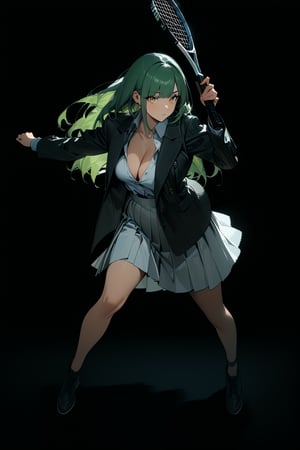 masterpiece, best quality, 8k, 8k UHD, ultra-high resolution, ultra-high definition, highres, cinematic lighting
,//Character, 
1girl, solo, yellow eyes, green hair, long hair, straight hair
,//Fashion, 
shirt, jacket, blazer, skirt, white skirt, cleavage
,//Background, 
,//Others, ,Expressiveh,
holding tennis racket