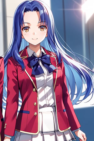 masterpiece, best quality, 8k, 8k UHD, ultra-high resolution, ultra-high definition, highres, cinematic lighting
,//Character, 
1girl, solo, haruka hasebe, 1girl, blue hair, long hair, mole, mole under eye, brown eyes
,//Fashion, 
white shirt, red jacket, bowtie, pleated_skirt
,//Background, 
,//Others, ,Expressiveh