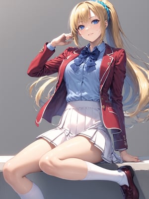 //Quality, masterpiece, best quality, detailmaster2, 8k, 8k UHD, ultra-high resolution, ultra-high definition, highres,
//Character, 1girl, solo, ,
//Fashion,
//Background, white_background,
//Others, ,KaruizawaKei, blue eyes, blonde hair, ponytail, bangs, breasts, hair ornament,
school uniform, red jacket, open jacket, hair scrunchie, bowtie, white skirt, pleated skirt, kneehighs, white socks, shoes,Expressiveh concept art,dark theme