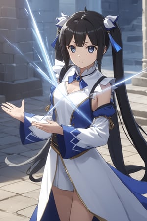masterpiece, best quality, highres
,//Character, 
1girl,hestia, black hair, blue eyes,
twin tails/long hair, hair ornament
,//Fashion, 

,//Background, 
,//Others, ,Expressiveh, 
Female mage casting a barrier spell around a small town, magical energy flowing from her hands, townspeople watching in awe