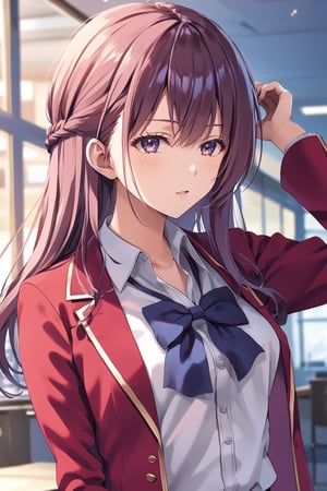 masterpiece, best quality, 8k, 8k UHD, ultra-high resolution, ultra-high definition, highres, cinematic lighting
,//Character, 
1girl, solo, sakurako tsubaki, purple eyes, bangs, long hair, parted lips, hair between eyes, medium hair
,//Fashion, 
white shirt, red jacket, bowtie, pleated_skirt
,//Background, 
,//Others, ,Expressiveh