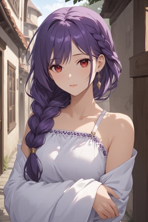 score_9,score_8_up,score_7_up,score_6_up, masterpiece, best quality, highres
,//Character, 
1girl, solo, long hair, purple hair, single braid, red eyes
,//Fashion, 

,//Background, 
,//Others, ,Expressiveh, 
A young woman in a medieval village, looking worried, surrounded by concerned villagers, dark shadows lurking in the background, ominous atmosphere,TatibanaYuStyle