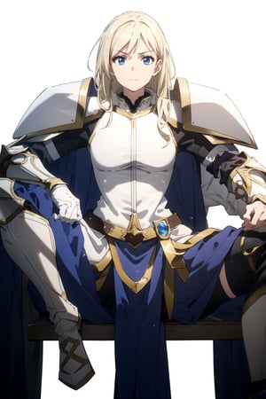 //Quality,
masterpiece, best quality
,//Character,
1girl, solo
,//Fashion, 
,//Background,
white_background
,//Others,
,spread legs, 
female knight, long hair, blue eyes, blonde hair, cape, armor, shoulder armor, gauntlets, pauldrons, breastplate, knight