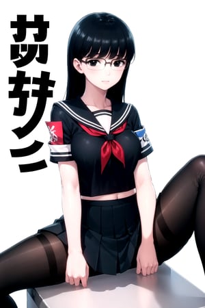 //Quality,
masterpiece, best quality
,//Character,
1girl, solo
,//Fashion, 
,//Background,
white_background
,//Others,
,spread legs, 
,kyouko kuroyuri, long hair, black hair, (black eyes:1.5), glasses, skirt, school uniform, pantyhose, pleated skirt, serafuku, armband, (black shirt:1.2)