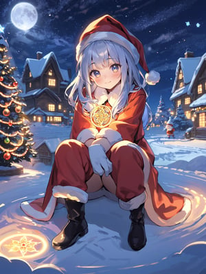 masterpiece, top quality, best quality, highres, extremely detailed CG, 8k:1.2),
(Illustration, focus, perfect lighting, :1.0), (official art, beautiful and aesthetic:1.0), 
,night with bright colorful lights, When the magic circle on the ground is activated, Santa sitting,shigure \(blue archive\)