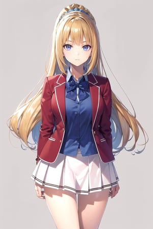 //Quality,
masterpiece, best quality
,//Character,
1girl, solo
,//Fashion,
,//Background,
white_background, simple_background
,//Others,
,KeiKaruizawa, hair scrunchie, school uniform, blue shirt, bowtie, white skirt, red jacket, open jacket, full_body