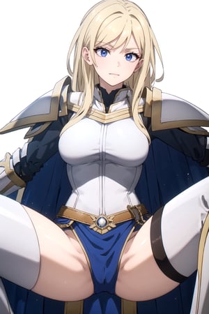 //Quality,
masterpiece, best quality
,//Character,
1girl, solo
,//Fashion, 
,//Background,
white_background
,//Others,
,spread legs, 
female knight, long hair, blue eyes, blonde hair, cape, armor, shoulder armor, gauntlets, pauldrons, breastplate, knight