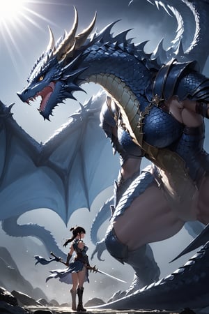 masterpiece, best quality, 8k, 8k UHD, ultra-high resolution, ultra-high definition, highres, cinematic lighting
,//Character, 
1girl, solo
,//Fashion, 
,//Background, 
,//Others, ,Expressiveh, hentai, 
A determined girl warrior facing off against a massive dragon, her armor gleaming in the sunlight.