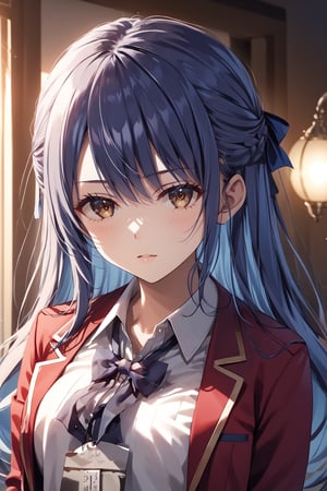 masterpiece, best quality, 8k, 8k UHD, ultra-high resolution, ultra-high definition, highres, cinematic lighting
,//Character, 
1girl, solo, haruka hasebe, 1girl, blue hair, long hair, mole, mole under eye, brown eyes
,//Fashion, 
white shirt, red jacket, bowtie, pleated_skirt
,//Background, 
,//Others, ,Expressiveh