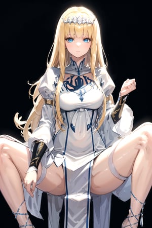 //Quality,
masterpiece, best quality
,//Character,
1girl, solo
,//Fashion, 
,//Background,
white_background
,//Others,
,spread legs, 
Calca, blonde hair, long hair, white tiara, white dress, blue eyes