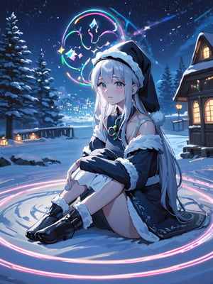 (masterpiece, top quality, best quality, highres, extremely detailed CG, 8k:1.2),
(Illustration, focus, perfect lighting, :1.0), (official art, beautiful and aesthetic:1.0), 
,night with bright colorful lights, When the magic circle on the ground is activated, Santa sitting,shigure \(blue archive\)