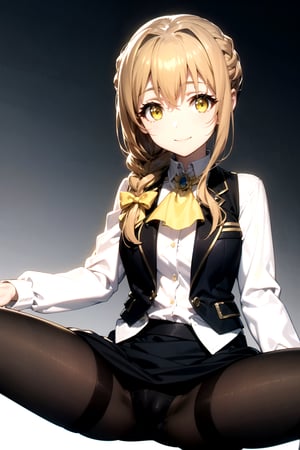 //Quality,
masterpiece, best quality
,//Character,
1girl, solo
,//Fashion, 
,//Background,
white_background
,//Others,
,spread legs, 
,guild girl, long hair, brown hair, (yellow eyes:1.5), braid, single braid, smile,BREAK skirt, shirt, long sleeves, white shirt, pantyhose, black skirt, vest, long skirt, yellow ribbon, ascot, yellow ascot
