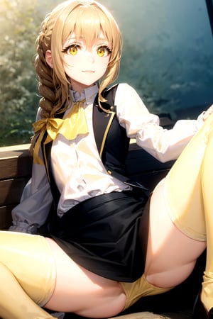 //Quality,
masterpiece, best quality
,//Character,
1girl, solo
,//Fashion, 
,//Background,
white_background
,//Others,
,spread legs, 
,guild girl, long hair, brown hair, (yellow eyes:1.5), braid, single braid, smile,BREAK skirt, shirt, long sleeves, white shirt, pantyhose, black skirt, vest, long skirt, yellow ribbon, ascot, yellow ascot