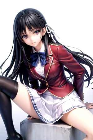//Quality,
masterpiece, best quality
,//Character,
1girl, solo
,//Fashion, 
,//Background,
white_background
,//Others,
,spread legs, 
,aasuzune, long hair, black hair, single braid, hair ribbon, red jacket, blazer, blue bowtie, long sleeves, white skirt, black thighhighs