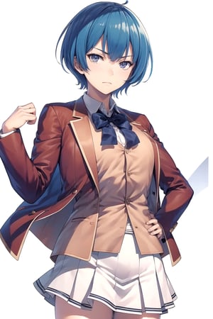 //Quality,
masterpiece, best quality
,//Character,
1girl, solo
,//Fashion,
,//Background,
white_background, simple_background
,//Others,
,1girl ibuki mio short hair blue hair,white skirt red jacket open jacket