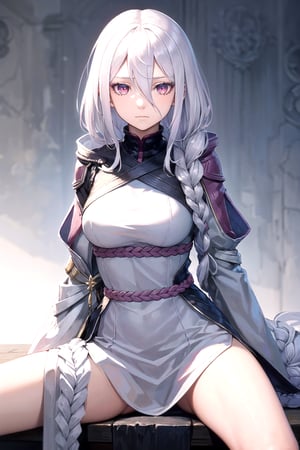 //Quality,
masterpiece, best quality
,//Character,
1girl, solo
,//Fashion, 
,//Background,
white_background
,//Others,
,spread legs, 
,Shiraori, (white hair, long hair, white colored hair, hair between eyes, braid, long singular braid:1.2)