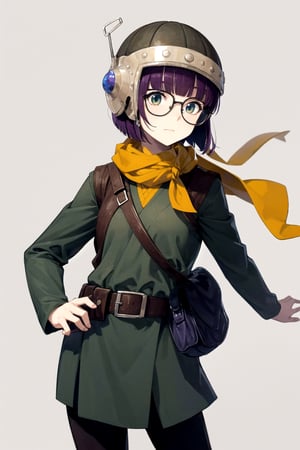//Quality,
masterpiece, best quality
,//Character,
1girl, solo
,//Fashion,
,//Background,
white_background, simple_background, blank_background
,//Others,
,Lucca_CT, purple hair, short hair, helmet, glasses, standing, yellow scarf,