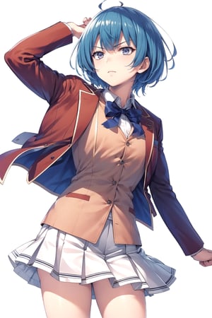 //Quality,
masterpiece, best quality
,//Character,
1girl, solo
,//Fashion,
,//Background,
white_background, simple_background
,//Others,
,1girl ibuki mio short hair blue hair,white skirt red jacket open jacket