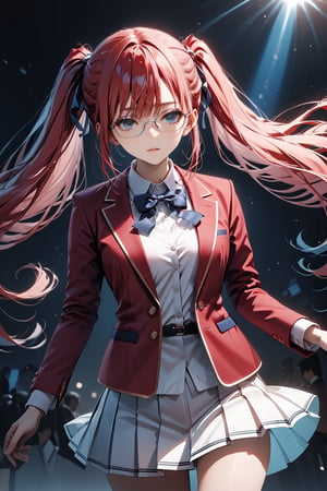 masterpiece, best quality, 8k, 8k UHD, ultra-high resolution, ultra-high definition, highres, cinematic lighting
,//Character, 
1girl, solo, airi sakura, glasses, very long hair, blue eyes, twintails, red hair, low twintails, pink hairwhite shirt, red jacket, bowtie, pleated_skirt
,//Fashion, 
,//Background, 
,//Others, ,Expressiveh