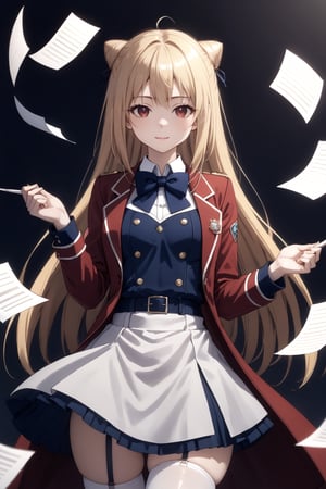 score_9,score_8_up,score_7_up,score_6_up, source_anime, masterpiece, best quality, 8k, 8k UHD, ultra-high resolution, ultra-high definition, highres, cinematic lighting
,//Character, 
1girl, solo,Terakomari, long hair, blonde hair, red eyes, ahoge
,//Fashion, 
red coat, belt buckle, blue bowtie, long sleeves, white skirt, bow, white thighhighs, garter straps
,//Background, 
,//Others, ,Expressiveh,
A clumsy girl surrounded by floating books and papers, trying to catch them mid-air.