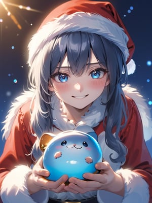 ultra realistic 8k cg, cinematic lighting, cool face, cool eyes, Santa playing with a hamster, sloppy smile,shigure \(blue archive\)