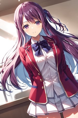 masterpiece, best quality, 8k, 8k UHD, ultra-high resolution, ultra-high definition, highres, cinematic lighting
,//Character, 
1girl, solo, masumi kamuro, 1girl, long hair, hairclip, hair ornament, purple eyes, one side up, purple hair, ribbon, hair ribbon, very long hair
,//Fashion, 
white shirt, red jacket, bowtie, pleated_skirt
,//Background, 
,//Others, ,Expressiveh