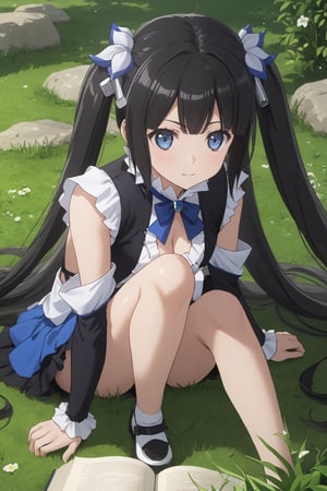 masterpiece, best quality, highres
,//Character, 
1girl,hestia, black hair, blue eyes,
twin tails/long hair, hair ornament
,//Fashion, 

,//Background, 
,//Others, ,Expressiveh, 
A tiny girl sitting on a massive book, using a blade of grass as a slide to reach the ground filled with oversized flowers.