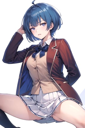 //Quality,
masterpiece, best quality
,//Character,
1girl, solo
,//Fashion, 
,//Background,
white_background
,//Others,
,spread legs, 
,1girl ibuki mio short hair blue hair, white skirt red jacket open jacket