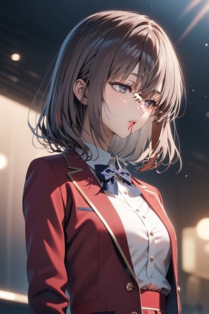 masterpiece, best quality, 8k, 8k UHD, ultra-high resolution, ultra-high definition, highres, cinematic lighting
,//Character, 
1girl, solo, sakurako tsubaki, purple eyes, bangs, long hair, parted lips, hair between eyes, medium hair
,//Fashion, 
white shirt, red jacket, bowtie, pleated_skirt
,//Background, 
,//Others, ,Expressiveh