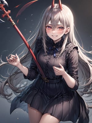 //Quality,
photo r3al, detailmaster2, masterpiece, photorealistic, 8k, 8k UHD, best quality, ultra realistic, ultra detailed, hyperdetailed photography, real photo
,//Character,
1girl, solo
,//Fashion,
,//Background,
,//Others,
,powerdef, sharp teeth, grin, holding scythe, red scythe, cross-shaped pupils