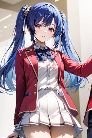 masterpiece, best quality, 8k, 8k UHD, ultra-high resolution, ultra-high definition, highres, cinematic lighting
,//Character, 
1girl, solo, mei-yu wang, 1girl, twintails, bangs, long hair, purple eyes, blue hair
,//Fashion, 
white shirt, red jacket, bowtie, pleated_skirt
,//Background, 
,//Others, ,Expressiveh