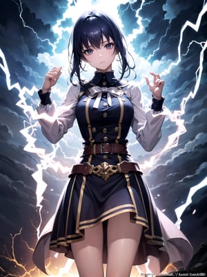 (masterpiece, top quality, best quality, official art, beautiful and aesthetic:1.2), 1girl, standing, hands up, close-up, magic, lightning, light rays, electric shock break, girl, break background school, magician, spell magic, style-swirlmagic:0.8, (using lightning magic:1.4),narberal gamma