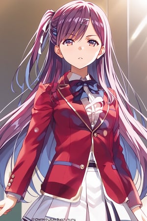 masterpiece, best quality, 8k, 8k UHD, ultra-high resolution, ultra-high definition, highres, cinematic lighting
,//Character, 
1girl, solo, masumi kamuro, 1girl, long hair, hairclip, hair ornament, purple eyes, one side up, purple hair, ribbon, hair ribbon, very long hair
,//Fashion, 
white shirt, red jacket, bowtie, pleated_skirt
,//Background, 
,//Others, ,Expressiveh