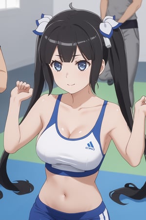 masterpiece, best quality, highres
,//Character, 
1girl,hestia, black hair, blue eyes,
twin tails/long hair, hair ornament
,//Fashion, 

,//Background, 
,//Others, ,Expressiveh, 
A girl stretching after a run, her sportswear accentuating her fitness.