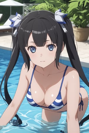 masterpiece, best quality, highres
,//Character, 
1girl,hestia, black hair, blue eyes,
twin tails/long hair, hair ornament
,//Fashion, 

,//Background, 
,//Others, ,Expressiveh, 
A girl emerging from a pool, water cascading off her swim attire.
