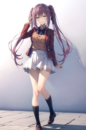 //Quality,
masterpiece, best quality
,//Character,
1girl, solo
,//Fashion,
,//Background,
white_background, simple_background
,//Others,
,1girl amasawa ichika,yellow eyes purple hair twintail white skirt, full_body