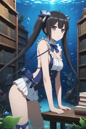 masterpiece, best quality, highres
,//Character, 
1girl,hestia, black hair, blue eyes,
twin tails/long hair, hair ornament
,//Fashion, 

,//Background, 
,//Others, ,Expressiveh, 
A girl in scuba gear exploring an underwater library, with fish swimming between bookshelves and seaweed growing from old tomes.