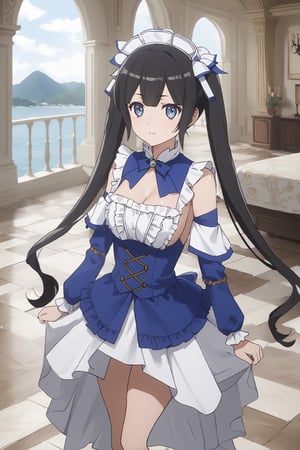 masterpiece, best quality, highres
,//Character, 
1girl,hestia, black hair, blue eyes,
twin tails/long hair, hair ornament
,//Fashion, 

,//Background, 
,//Others, ,Expressiveh, 
A young girl in a Victorian dress standing before a grand Western-style mansion on a stormy island, seagulls circling ominously overhead.