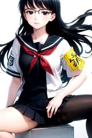 //Quality,
masterpiece, best quality
,//Character,
1girl, solo
,//Fashion, 
,//Background,
white_background
,//Others,
,spread legs, 
,kyouko kuroyuri, long hair, black hair, (black eyes:1.5), glasses, skirt, school uniform, pantyhose, pleated skirt, serafuku, armband, (black shirt:1.2)