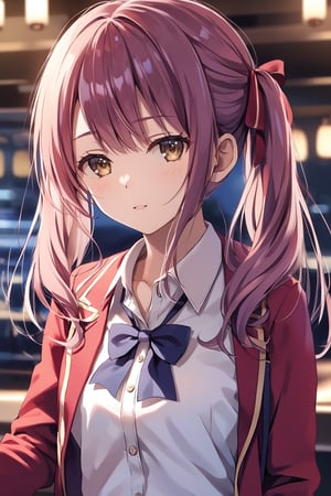 masterpiece, best quality, 8k, 8k UHD, ultra-high resolution, ultra-high definition, highres, cinematic lighting
,//Character, 
1girl, solo, ichika amasawa, 1girl, long hair, sidelocks, bangs, brown eyes, ribbon, hair between eyes, hair ribbon, red ribbon, purple hair, pink hair, twintails
,//Fashion, 
white shirt, red jacket, bowtie, pleated_skirt
,//Background, 
,//Others, ,Expressiveh