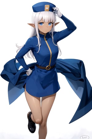 masterpiece, best quality
,//Character,
1girl, solo
,//Fashion, 
,//Background,
white_background, simple_background, blank_background
,//Others,
,Karla (kono healer mendokusai), white_hair, dark skin, dark-skinned female, blue headwear, leather_belt, blue_pants, tunic, blue_tunic, stole, blue_sleeves, white_gloves, blue_eyes, elf_ears, straight_hair, hime_cut, and blunt_bangs