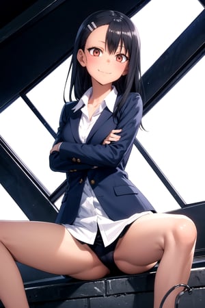 //Quality,
masterpiece, best quality
,//Character,
1girl, solo
,//Fashion, 
,//Background,
white_background
,//Others,
,spread legs
,nagatoro hayase, hair ornament, brown eyes,(glowing eyes:1.1), hairclip,dark skin, black hair,school uniform, black hair, beautiful face, evil smile, evil eyes,incredibly absurdres