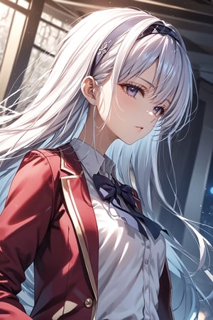 masterpiece, best quality, 8k, 8k UHD, ultra-high resolution, ultra-high definition, highres, cinematic lighting
,//Character, 
1girl, solo, fuka kiryuin, long hair, 1girl, purple eyes, hairband, bangs, asymmetrical bangs, white hair
,//Fashion, 
white shirt, red jacket, bowtie, pleated_skirt
,//Background, 
,//Others, ,Expressiveh