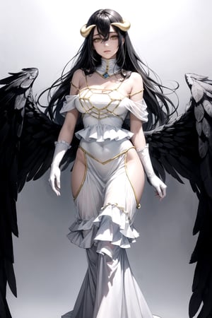 //Quality,
masterpiece, best quality
,//Character,
1girl, solo
,//Fashion,
,//Background,
white_background
,//Others,
,al1, demon horns, white gloves, white dress, bare shoulders, detached collar, cleavage, slit pupils, black wings, feathered wings, low wings,white dress,detached collar, full_body