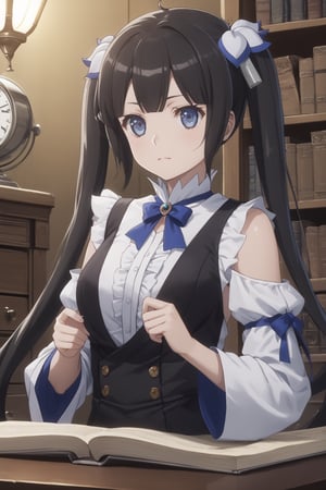 score_9,score_8_up,score_7_up,score_6_up, masterpiece, best quality, highres
,//Character, 
1girl, solo,hestia, black hair, blue eyes,
twin tails/long hair, hair ornament
,//Fashion, 

,//Background, 
,//Others, ,Expressiveh, 
Woman researcher in a dimly lit laboratory, examining a strange black substance in a jar, books and magical instruments scattered around