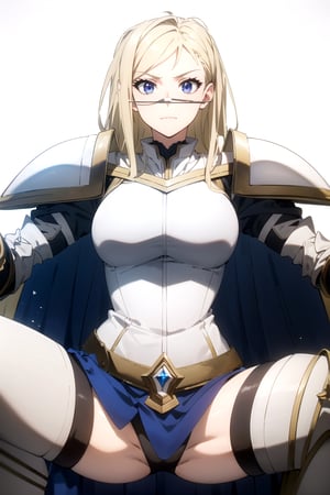 //Quality,
masterpiece, best quality
,//Character,
1girl, solo
,//Fashion, 
,//Background,
white_background
,//Others,
,spread legs, 
female knight, long hair, blue eyes, blonde hair, cape, armor, shoulder armor, gauntlets, pauldrons, breastplate, knight