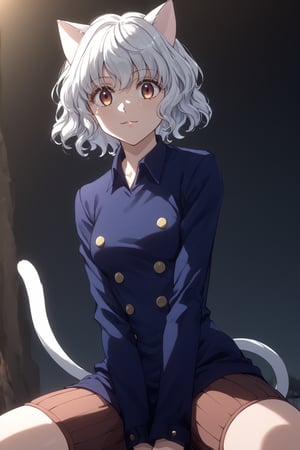 masterpiece, best quality, 8k, 8k UHD, ultra-high resolution, ultra-high definition, highres, cinematic lighting
,//Character, 
1girl, solo, ,hxhpitou, white hair, short hair, wavy hair, cat ears, cat tail
,//Fashion, 
long sleeves, blue shirt, brown shorts, socks, shoes
,//Background, 
,//Others, ,Expressiveh,
A woman conductor leading an orchestra in an amphitheater carved into a cliff face.