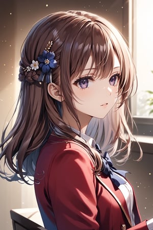 masterpiece, best quality, 8k, 8k UHD, ultra-high resolution, ultra-high definition, highres, cinematic lighting
,//Character, 
1girl, solo, nazuna asahina, hair ornament, hairclip, flower, long hair, brown hair, purple eyes, hair flower, yellow flower, bangs, swept bangs
,//Fashion, 
white shirt, red jacket, bowtie, pleated_skirt
,//Background, 
,//Others, ,Expressiveh